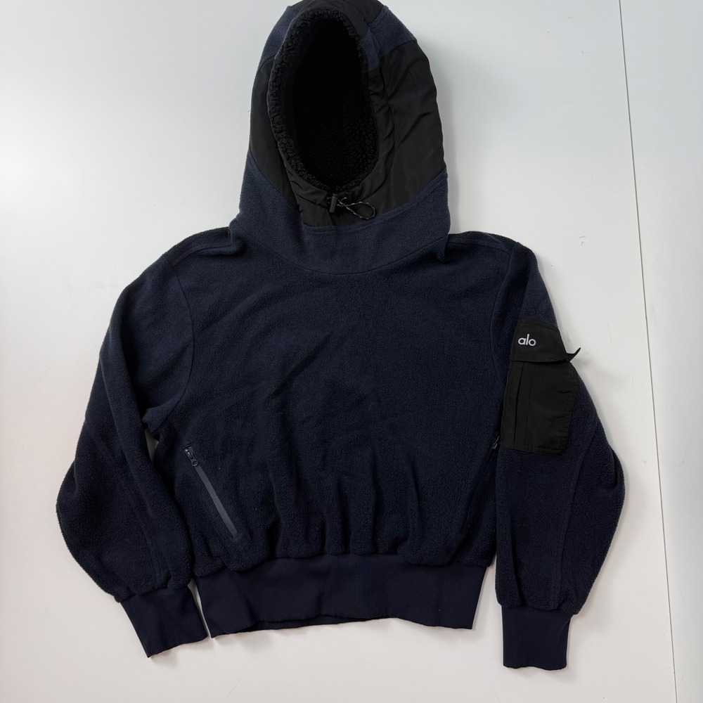 Alo Yoga Navy Blue Polar Fleece Cropped Hoodie Faux Fur Lined Hood Small